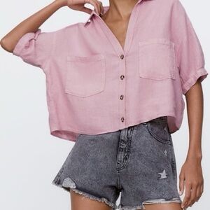 ZARA Pink linen Button-Up Shirt